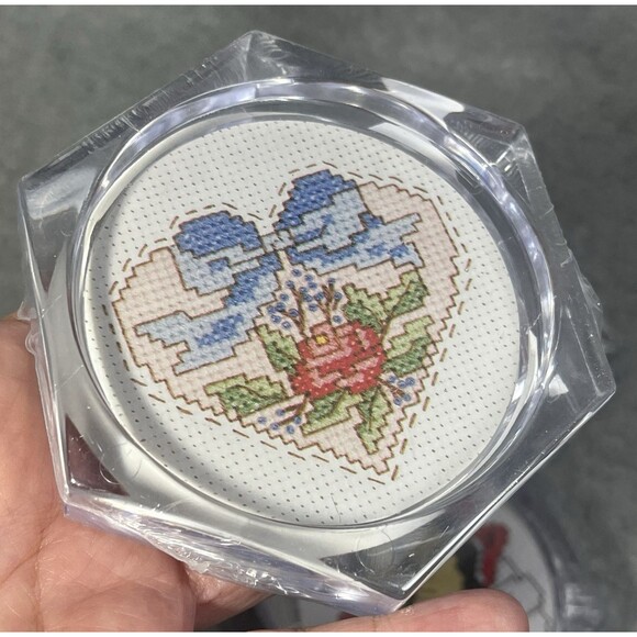 Vtg Acrylic Coasters MCG Textiles Cross Stitch Kit Butterfly Heart Rose Lot Of 4 - Picture 6 of 15